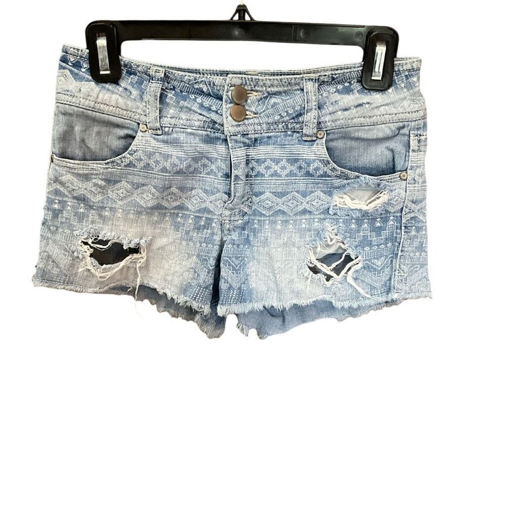 Tinseltown Shorts Jean Distressed Holes Blue White Geo Print Pockets Size 0